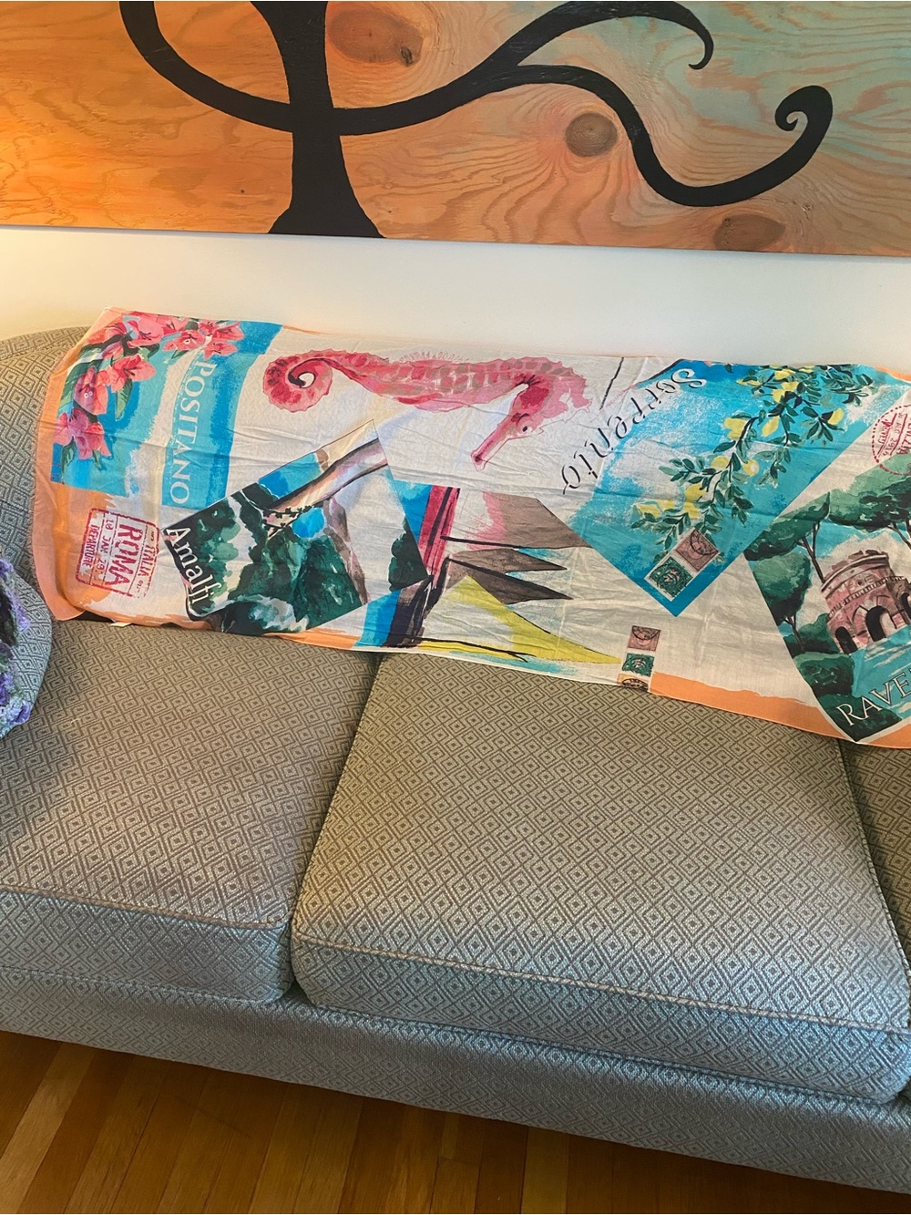 Talbots Colorful Coastal Print Scarf - Pink Seahorse & Teal Panels NWT